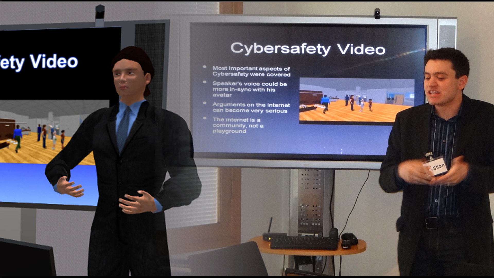 An individual does a presentation with a virtual replica of him beside him